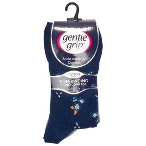 Womens gentle grip 3pk Floral Navy Crew Socks