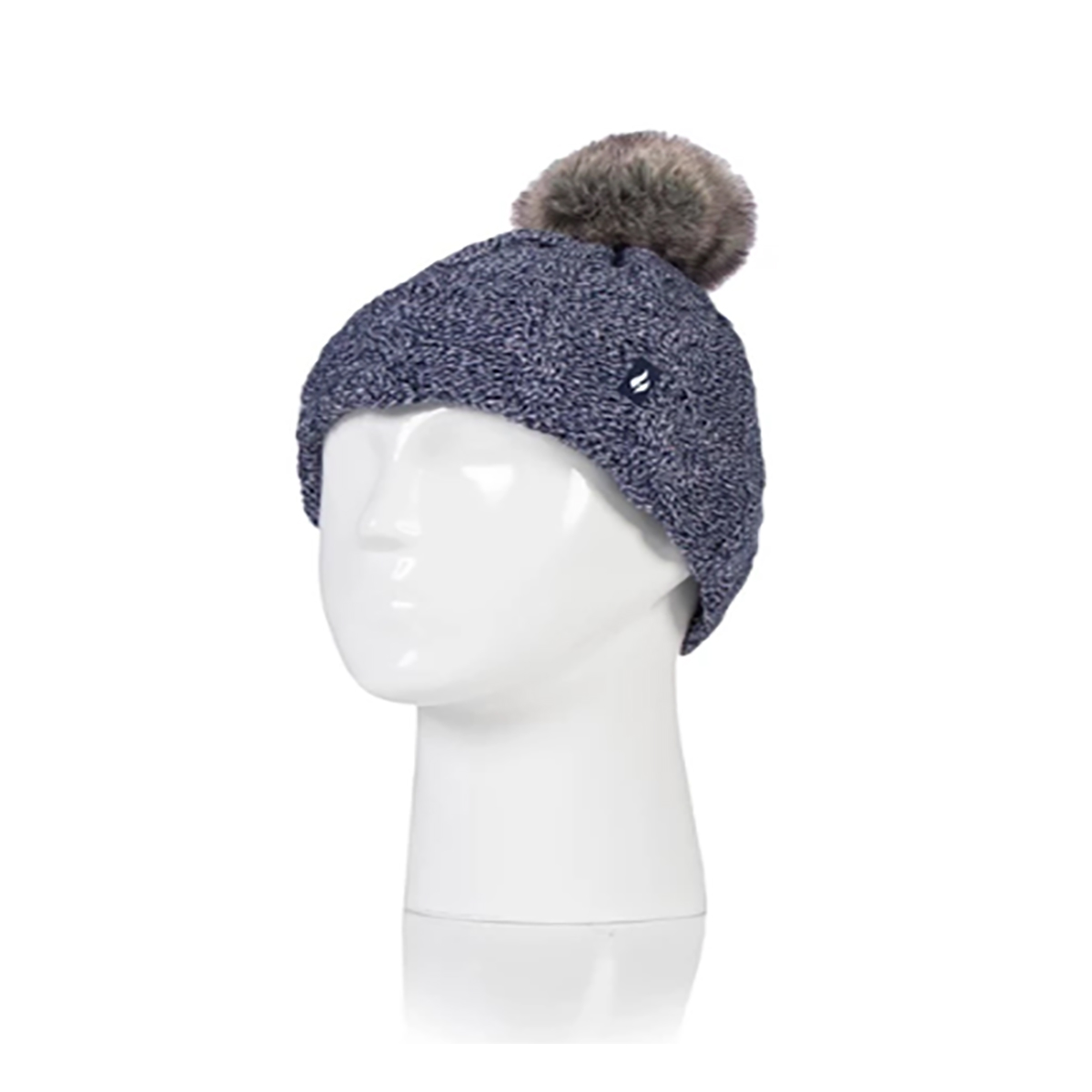 Womens Heat Holders(R) Cable Knit Faux-Fur Pompom Hat - Navy