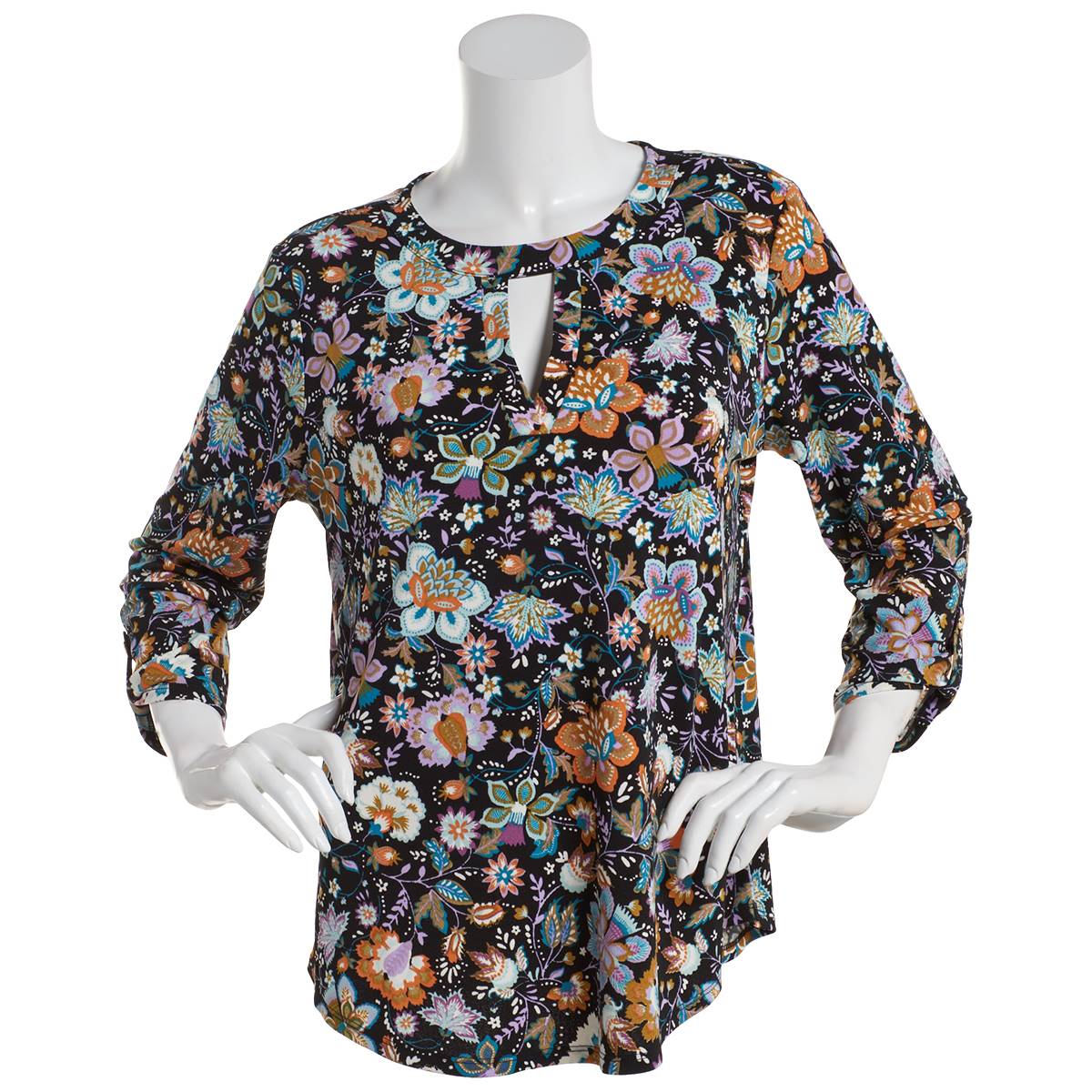 Womens Cure 3/4 Sleeve Roll Tab Floral Crepe Keyhole Blouse