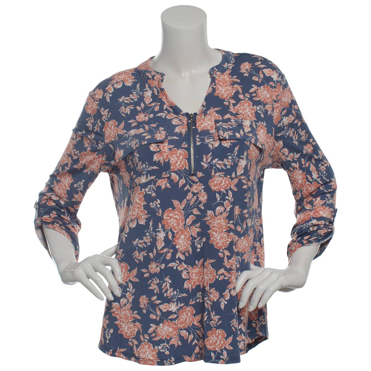 Womens Cure 3/4 Sleeve Two Pocket 1/2 Zip Floral Leaf Blouse