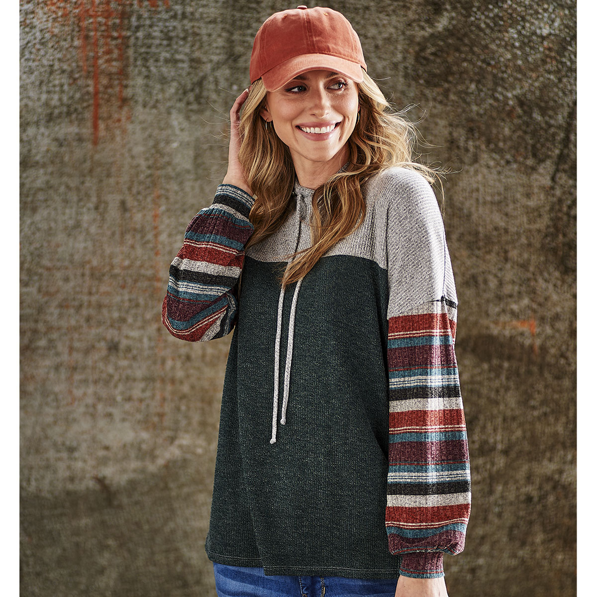 Womens Cure Marled Rib Hacci Color Block Hoodie W/Stripe Sleeves