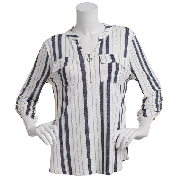Womens Cure 3/4 Sleeve Stripe Two Pockets 1/2 Zip Blouse