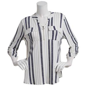 Womens Cure 3/4 Sleeve Stripe Two Pockets 1/2 Zip Blouse