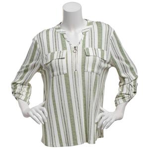Womens Cure 3/4 Roll Tab Sleeve Pocket Stripe Zip Neck Blouse