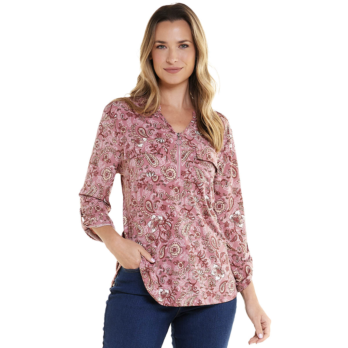 Petite Cure 3/4 Sleeve 2 Pocket 1/2 Zip Paisley Blouse