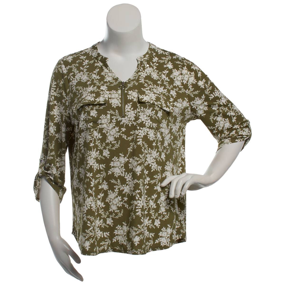 Plus Size Cure 3/4 Tab Sleeve Two Pocket Olive Floral Zip Blouse