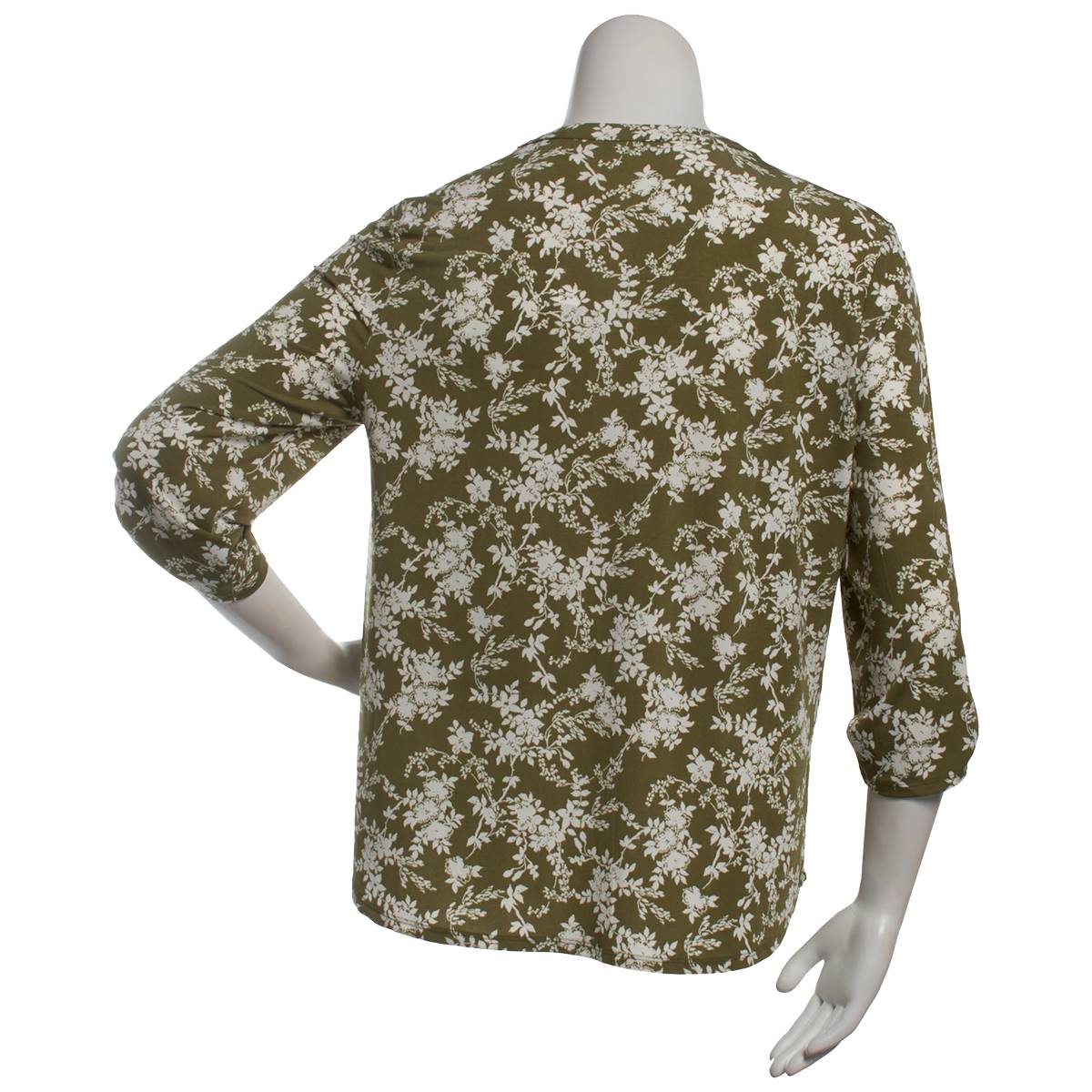 Plus Size Cure 3/4 Tab Sleeve Two Pocket Olive Floral Zip Blouse