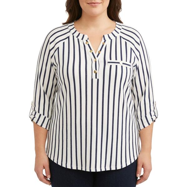 Plus Size Cure 3/4 Roll Tab Rib Texture Stripe Henley Blouse
