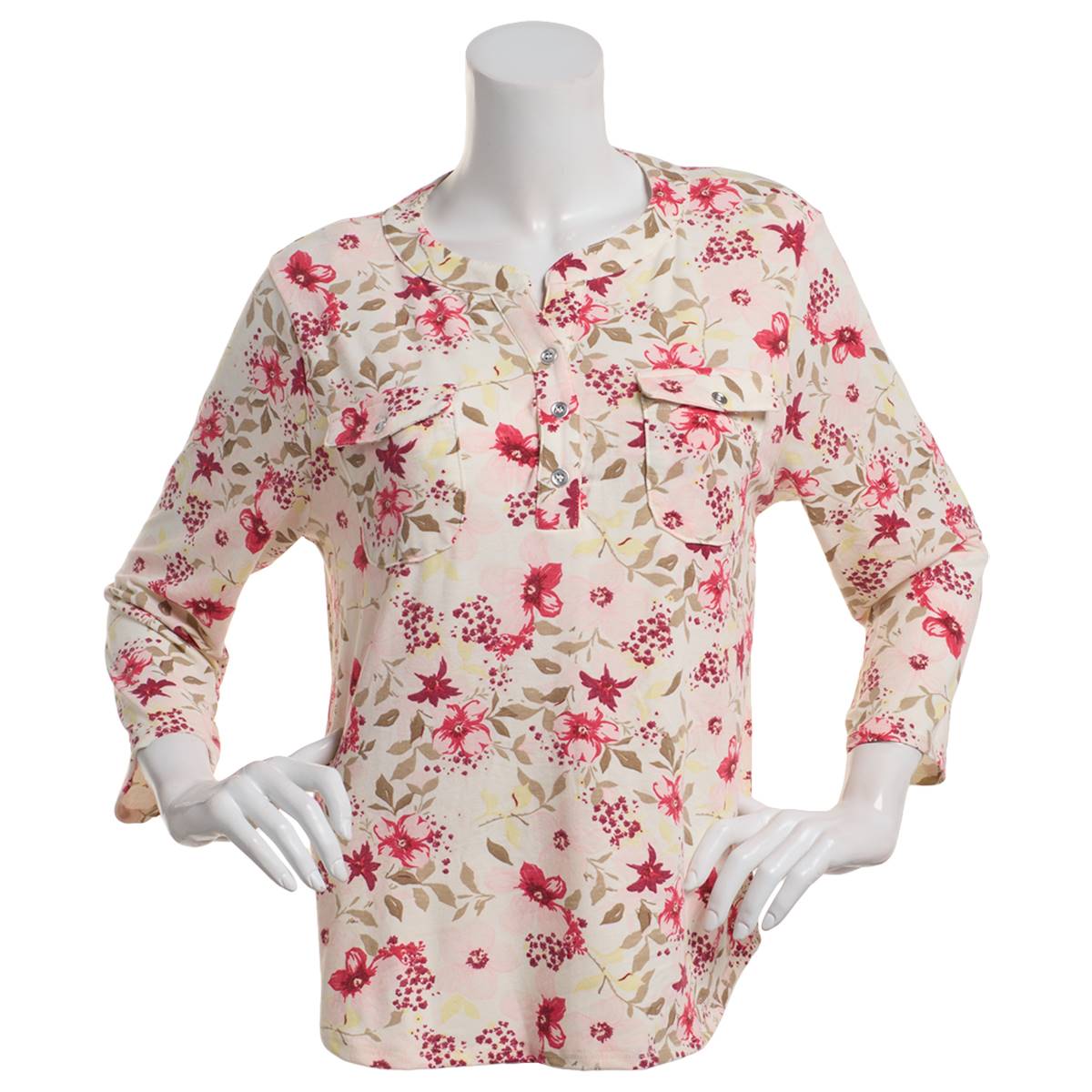 Womens Hasting & Smith 3/4 Sleeve Floral Leaf Henley Blouse