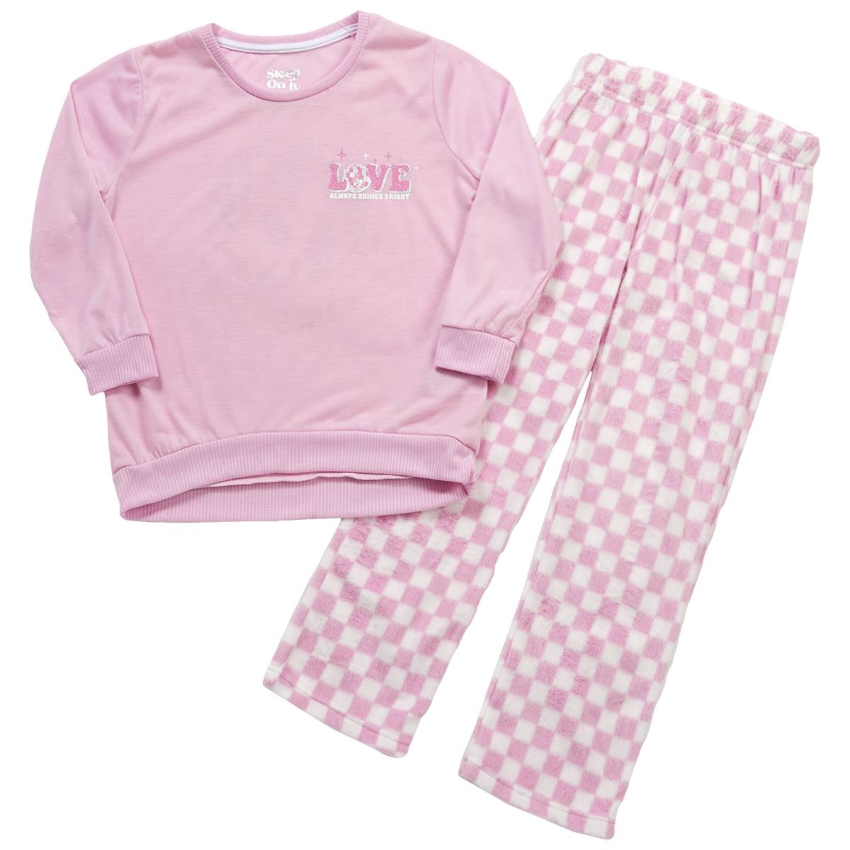 Girls (7-16) Sleep On It Love Top & Minky Checker Pajamas - Pink