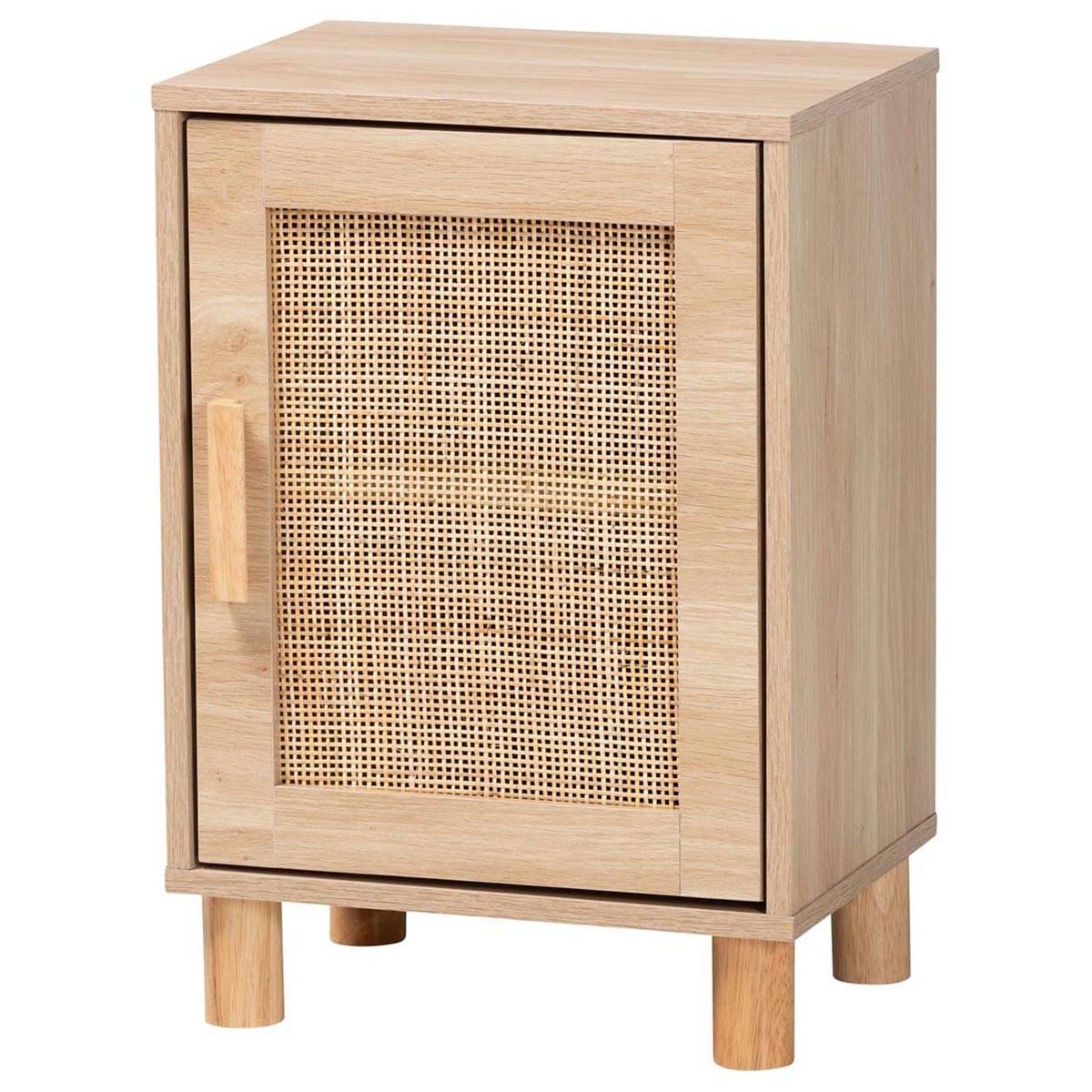 Baxton Studio Maclean Mid-Century Modern Rattan and Natural Brown Finished Wood 1-Door End Table - Beige/Natural Brown