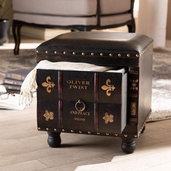 Baxton Studio Charlier Wood Storage Ottoman w/ Book Spine Drawer alternate view