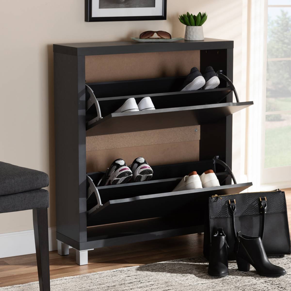 Baxton Studio Simms Shoe Storage Cabinet With 4 Fold Out Racks