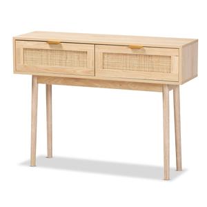 Baxton Studio Baird Oak Brown Wood/Rattan 2-Drawer Console Table