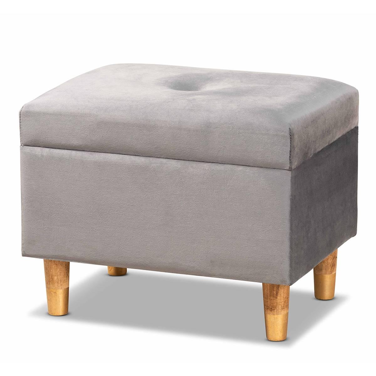 Baxton Studio Elias Grey Velvet Fabric & Wood Storage Ottoman