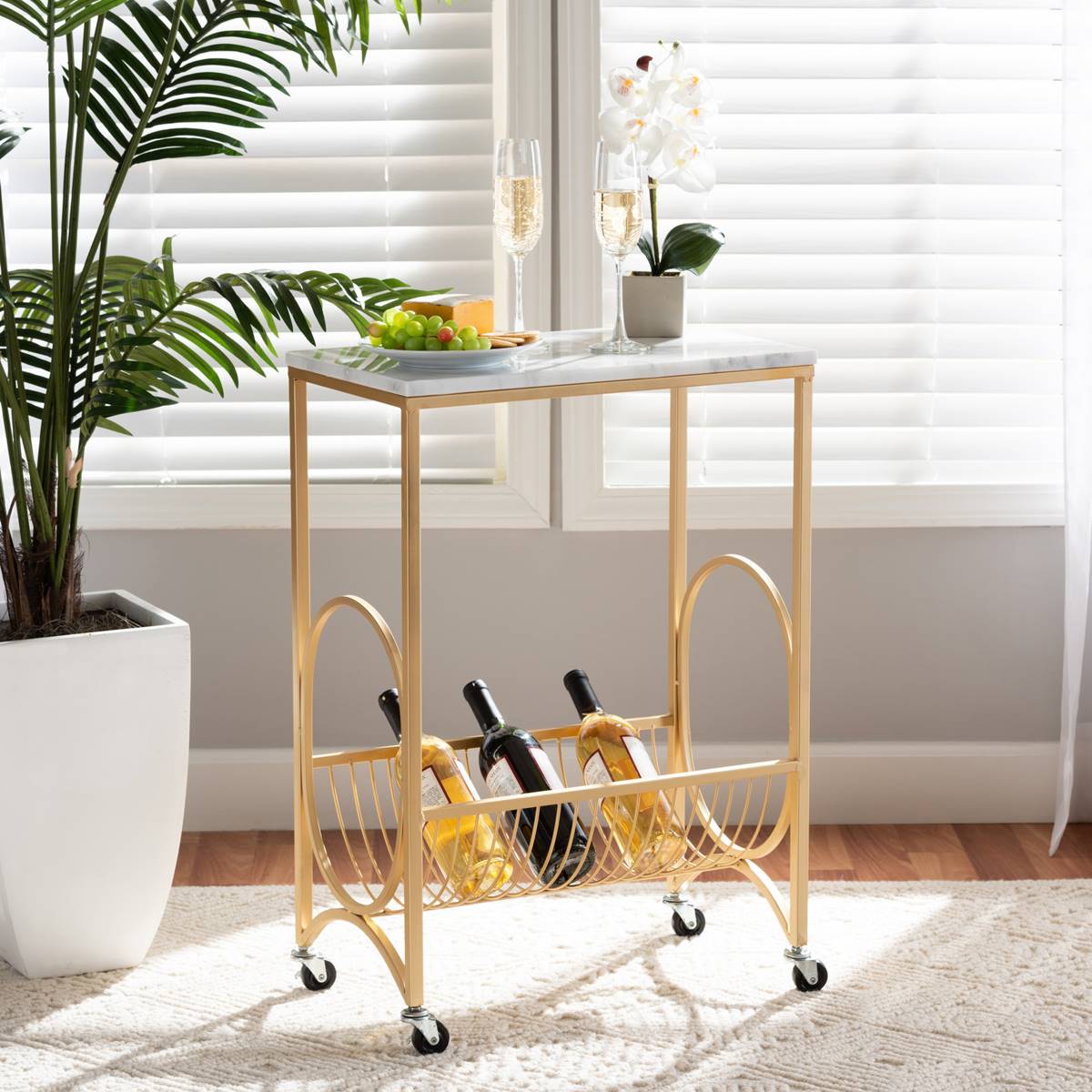 Baxton Studio Jacek Gold Metal Wine Cart W/ Marble Tabletop