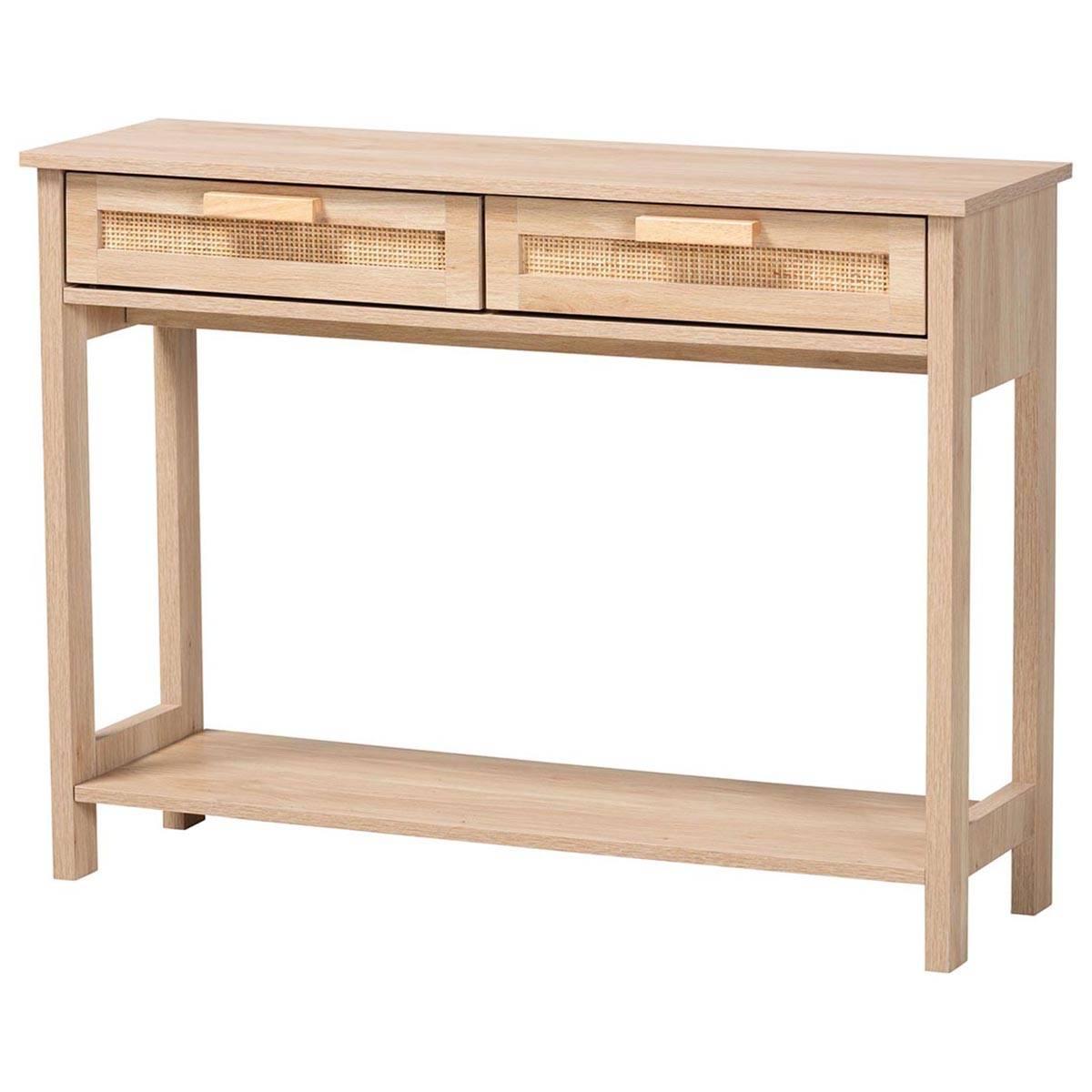 29.5 x 39.4 x 11.8 in. Sebille Mid Century Modern Wood 2 Drawer Console Table with Natural Rattan, Light Brown