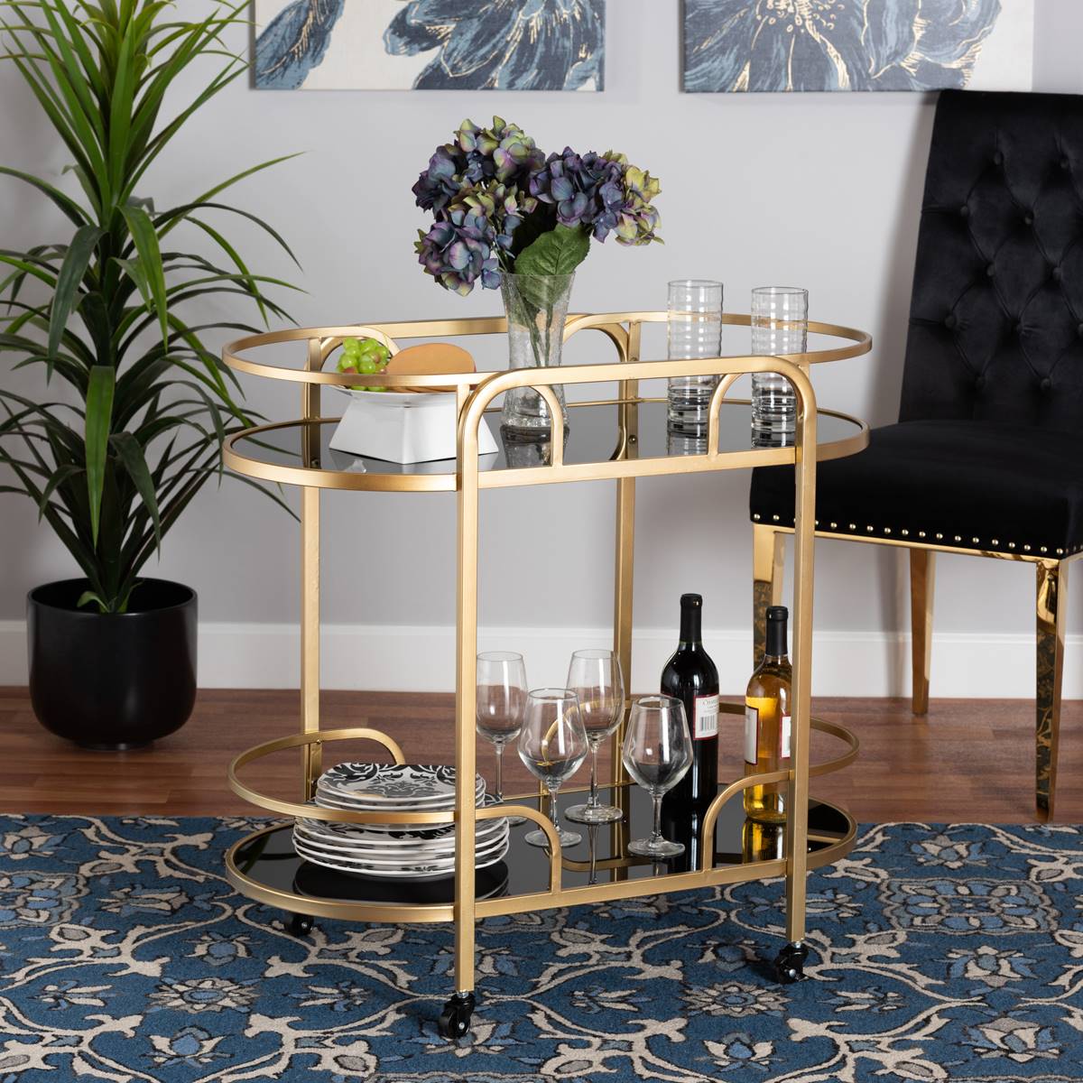 Baxton Studio Leighton Glam & Luxe Gold Metal 2-Tier Wine Cart