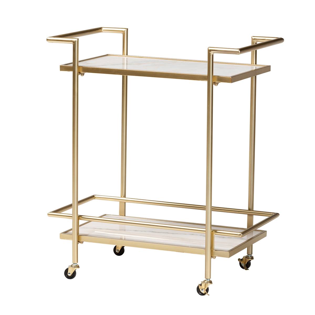 Baxton Studio Louise Glam & Luxe White Marble 2-Tier Wine Cart