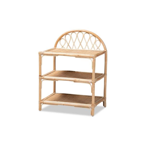 Baxton Studio Redell Bohemian Rattan 3-Tier Display Shelf