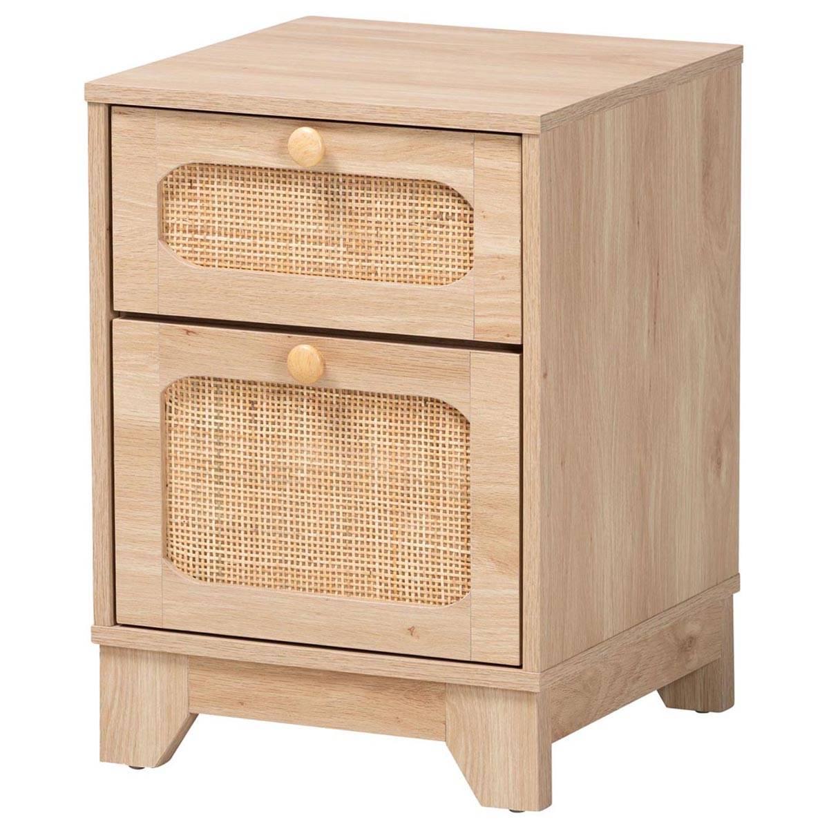 193271361403 15.7 x 15.7 x 22 in. Elsbeth Mid-Century Modern Light Brown Finished Wood & Natural Rattan 1-Drawer End Table