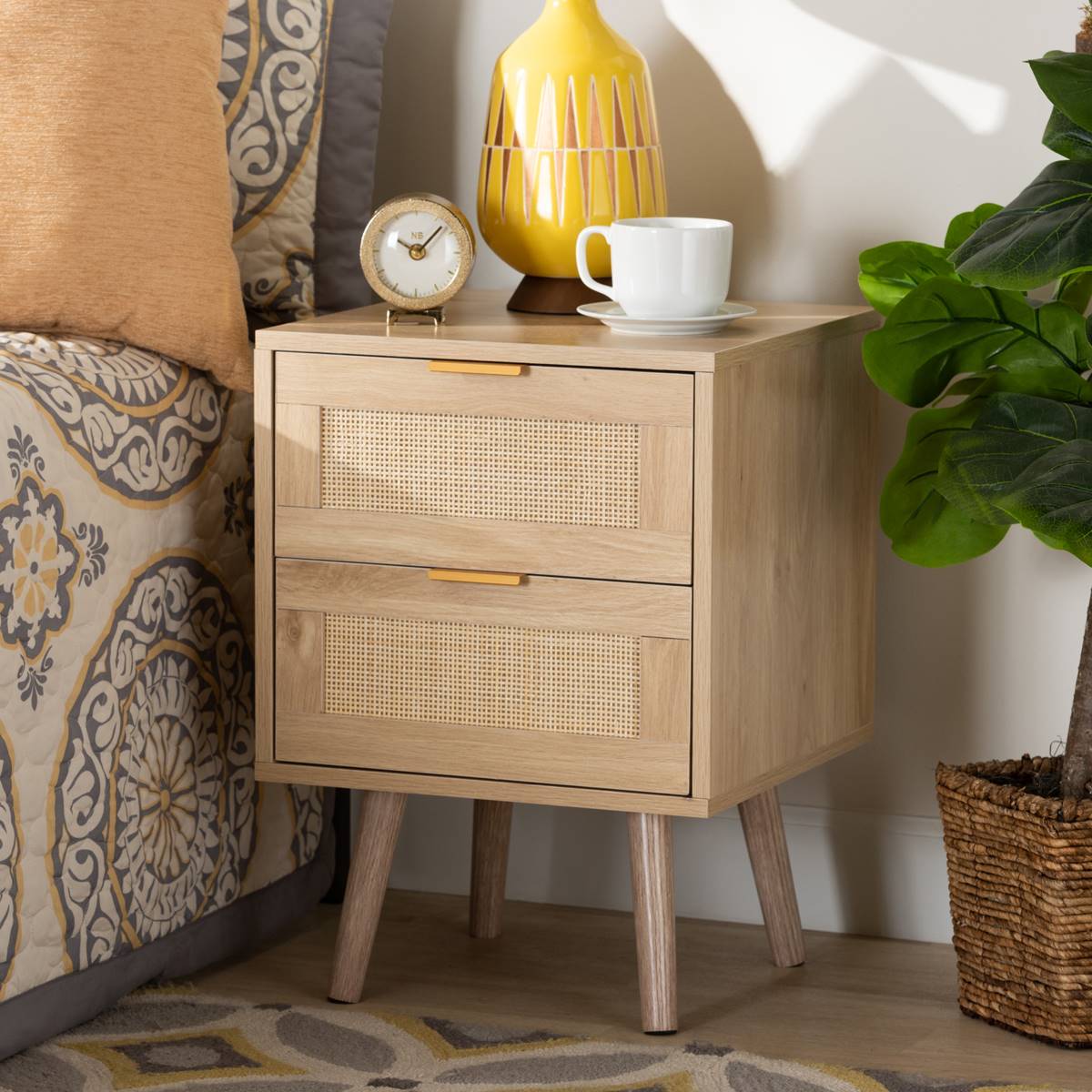 Baxton Studio Baird Oak Brown Wood/Rattan 2-Drawer Nightstand