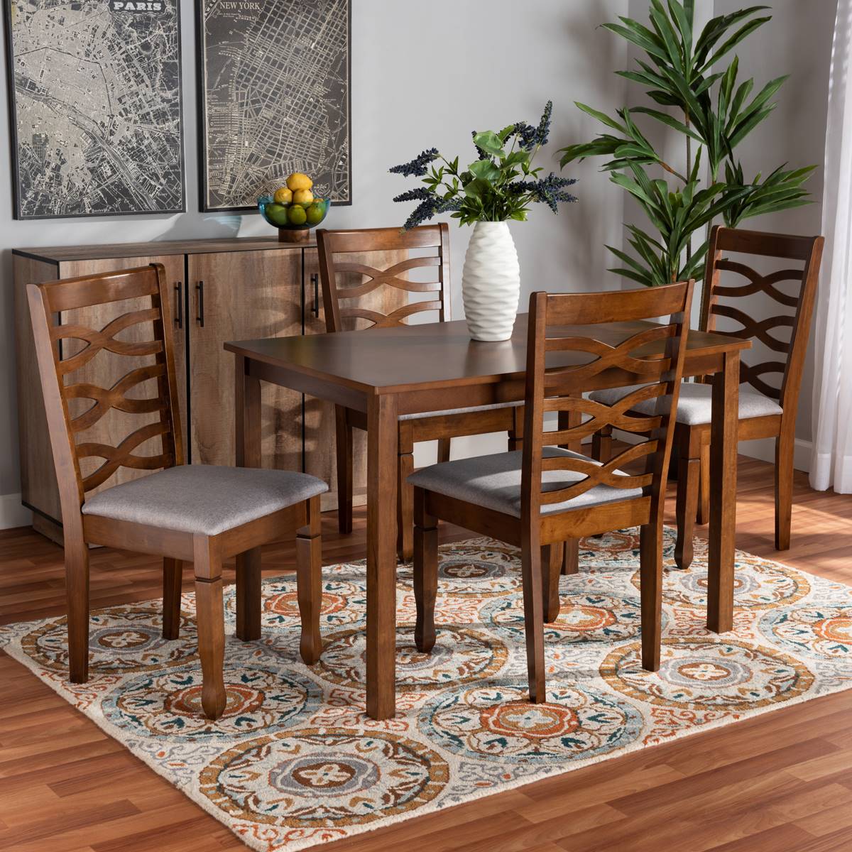 Baxton Studio Lanier Grey Fabric & Brown Wood 5pc. Dining Set