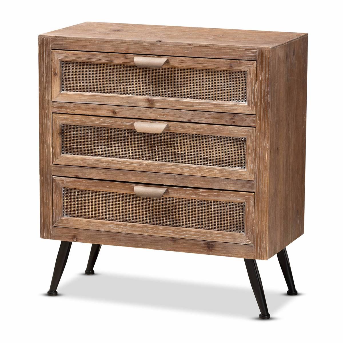 Baxton Studio Calida Finish Wood/Rattan 3-Drawer Nightstand