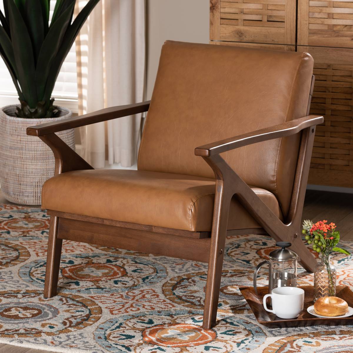 Baxton Studio Bianca Modern Wood & Leather Effect Lounge Chair