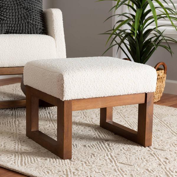 Baxton Studio Yashiya Off-White Boucle Wood Ottoman Footstool alternate view