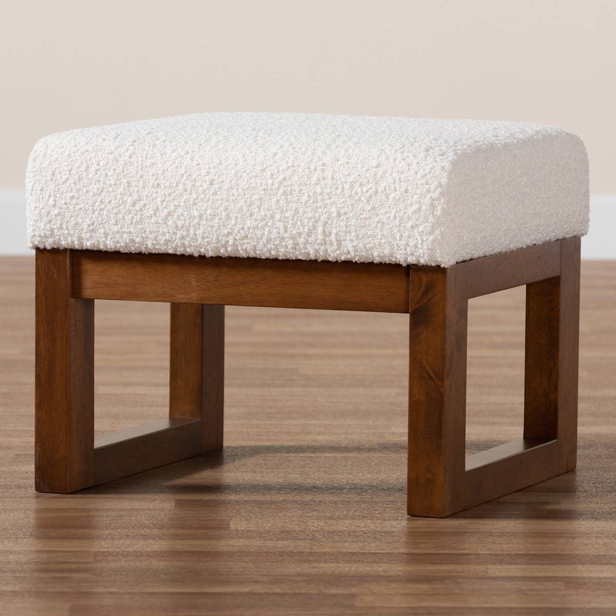 Baxton Studio Yashiya Off-White Boucle Wood Ottoman Footstool