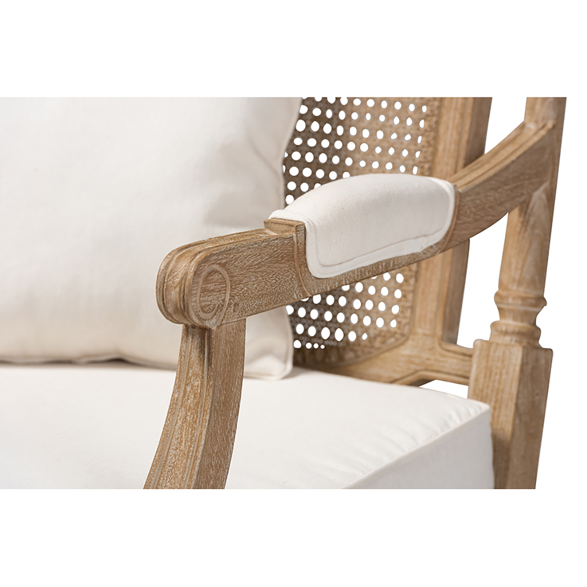 Baxton Studio Clemence Upholstered Whitewashed Wood Armchair