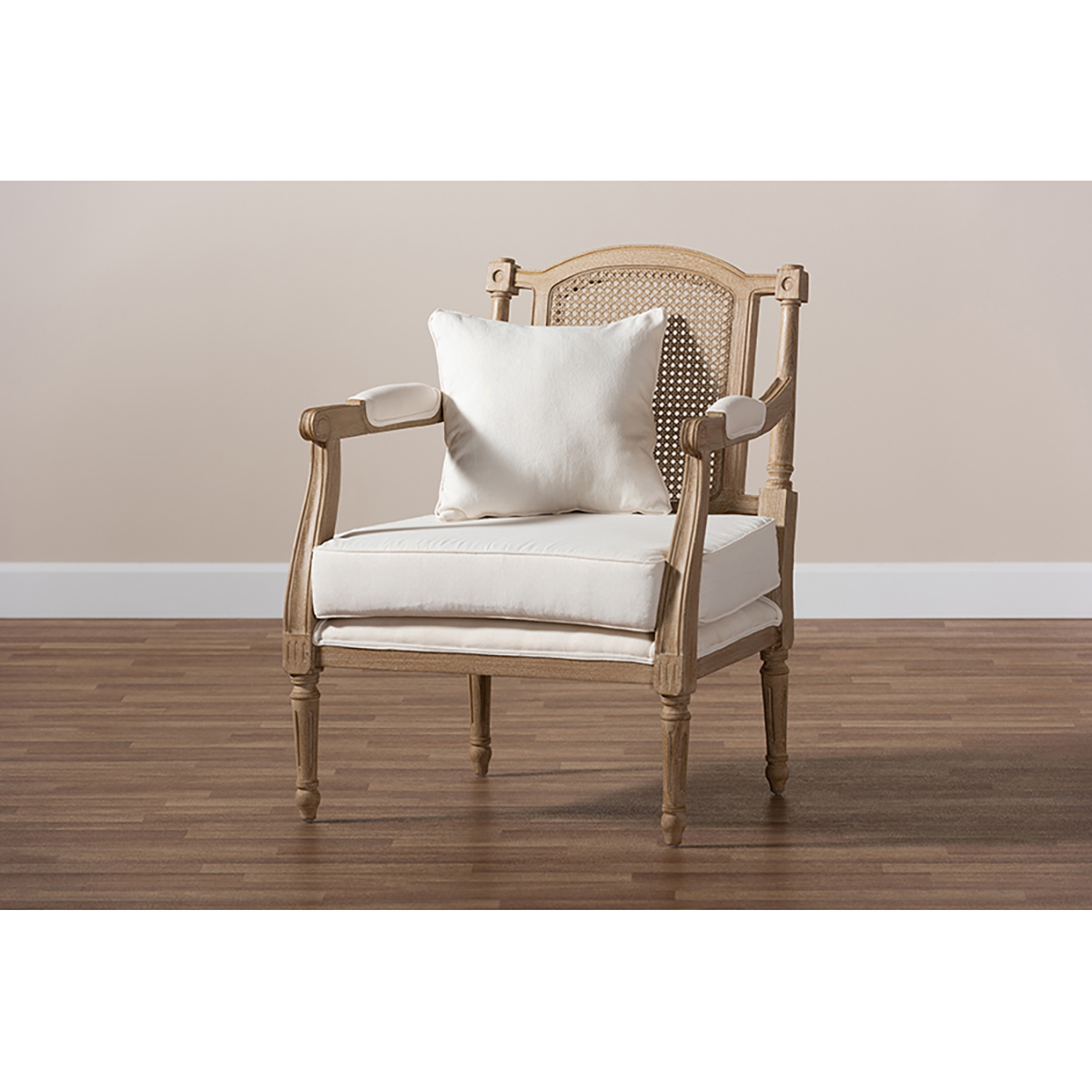 Baxton Studio Clemence Upholstered Whitewashed Wood Armchair