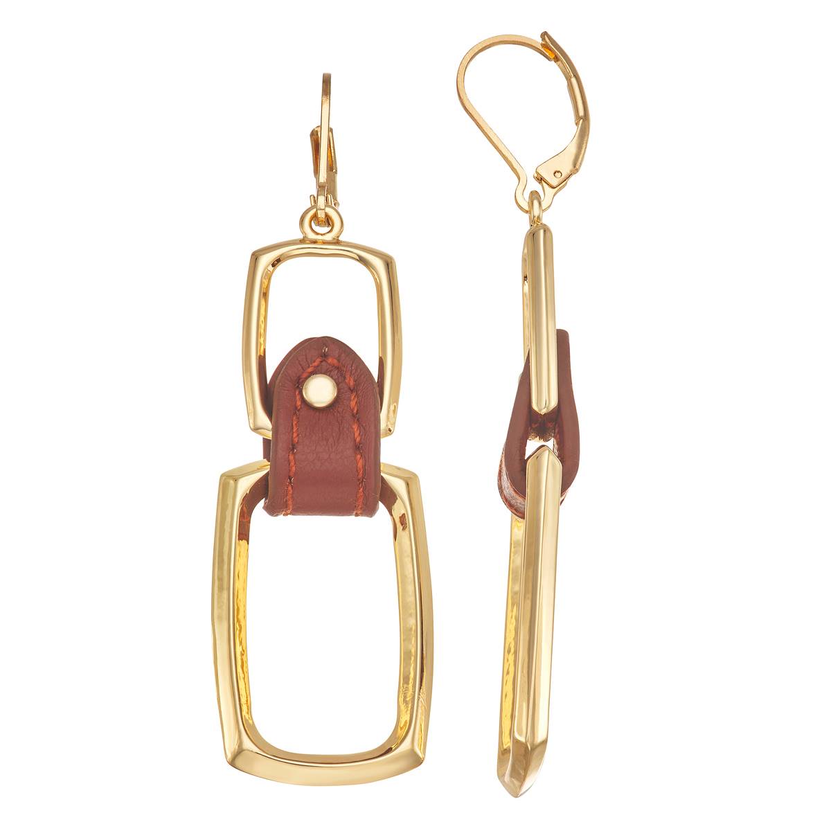 Chaps Gold-Tone & Brown Leather Square Double Drop Earrings