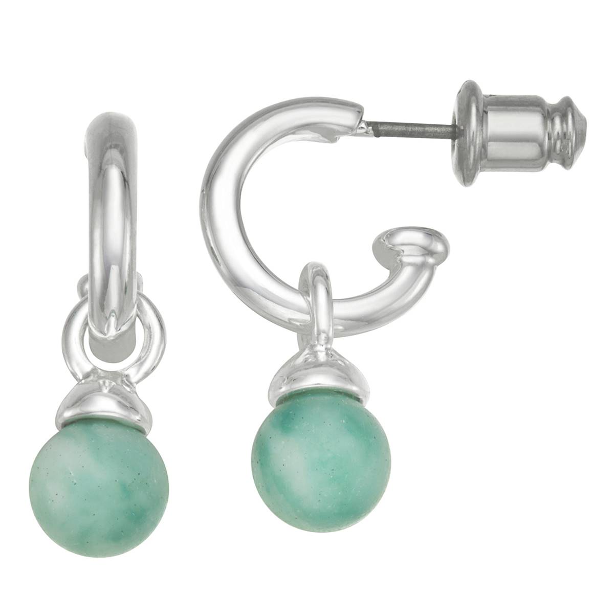 Chaps Silver-Tone & Green Bead C Hoop Drop Earrings