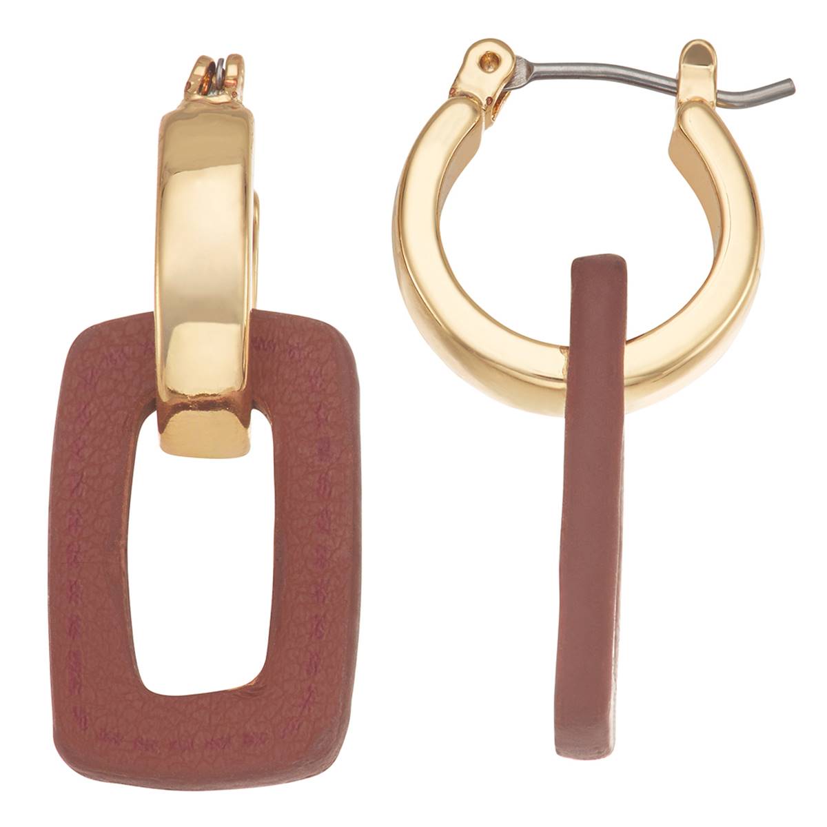 Chaps Gold-Tone & Brown Hoop W/ Drop Earrings