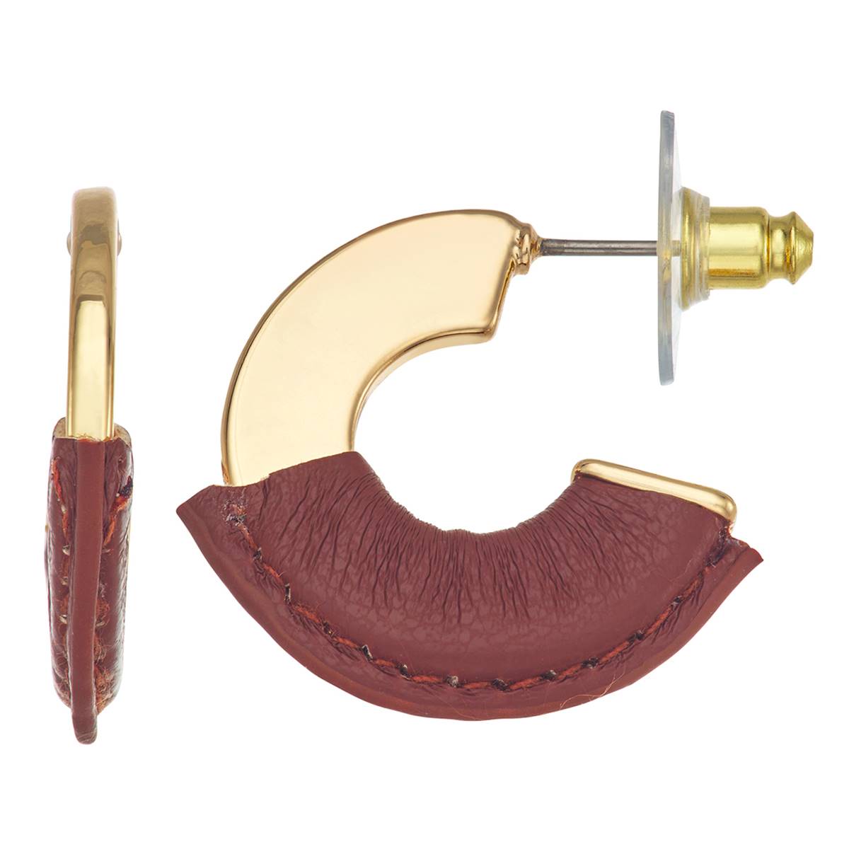 Chaps Gold-Tone & Brown Leather C Hoop Earrings