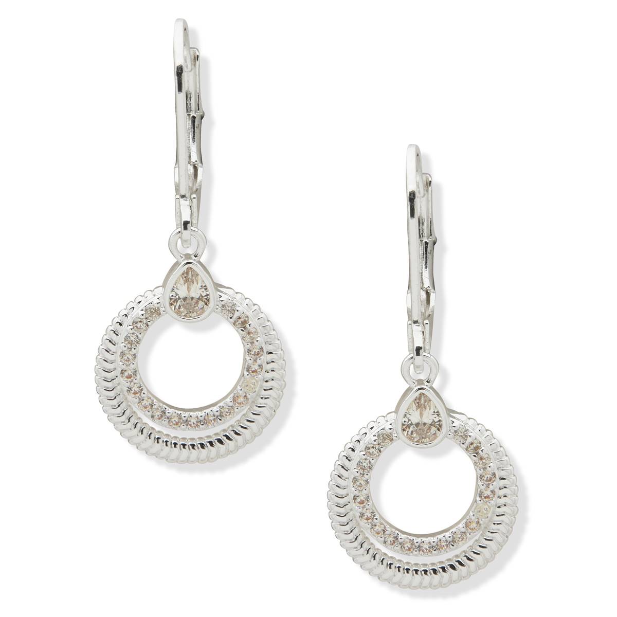 Chaps Silver-Tone Crystal Round Drop Leverback Earrings