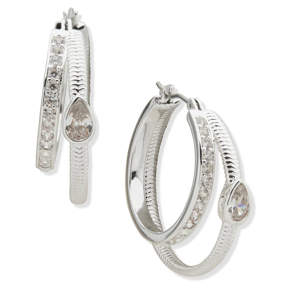 Chaps 29mm Silver-Tone Crystal Double Hoop Earrings