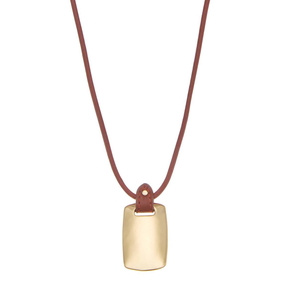 Chaps Gold-Tone & Brown Leather Long Pendant Necklace