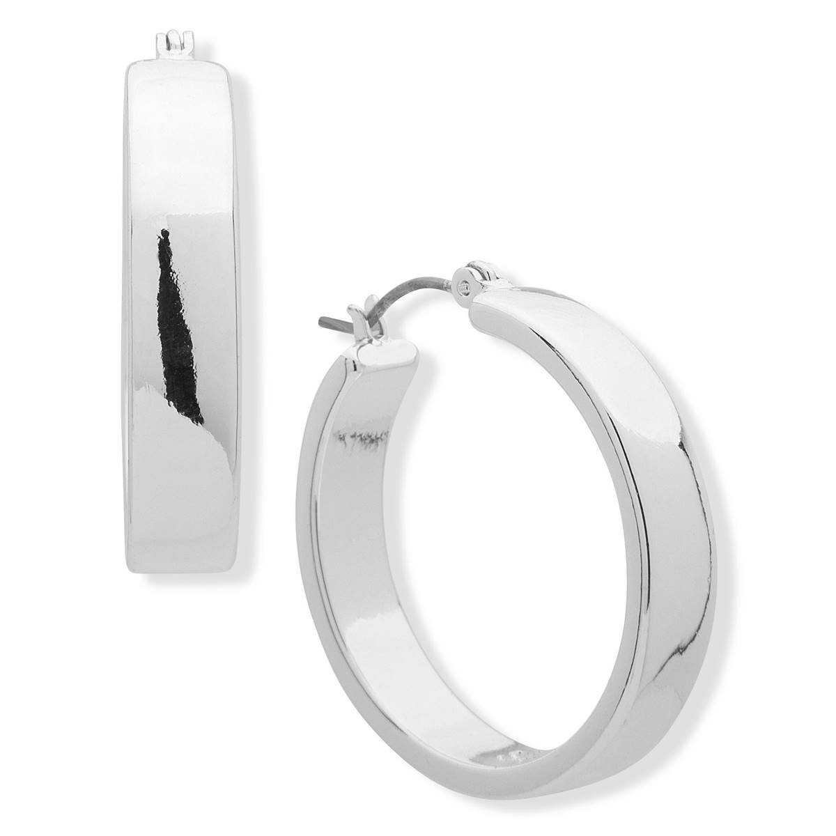 Chaps Silver-Tone Polished Flat Click-Top Hoop Earrings