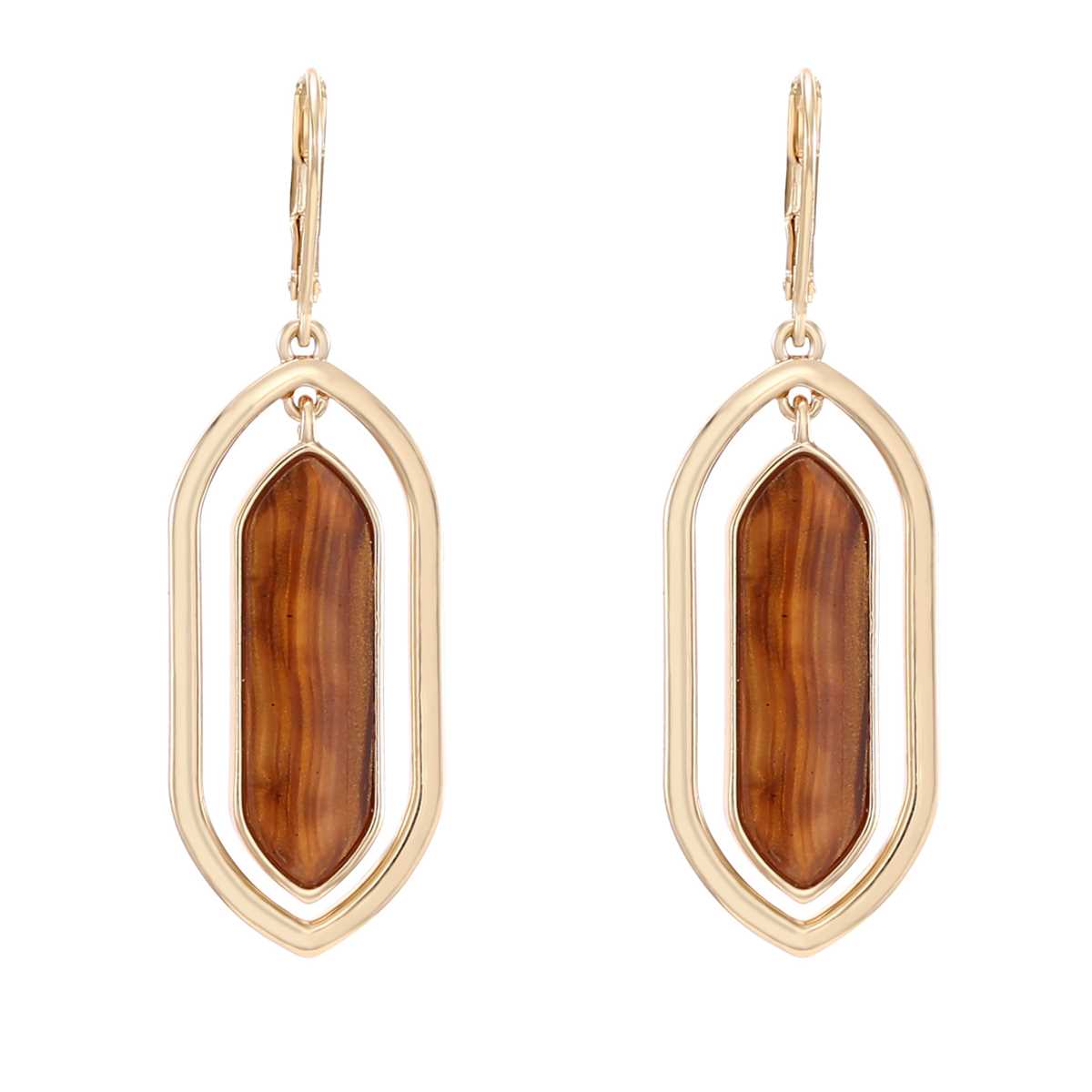 Chaps Gold-Tone & Tigers Eye Long Orbital Drop Earrings