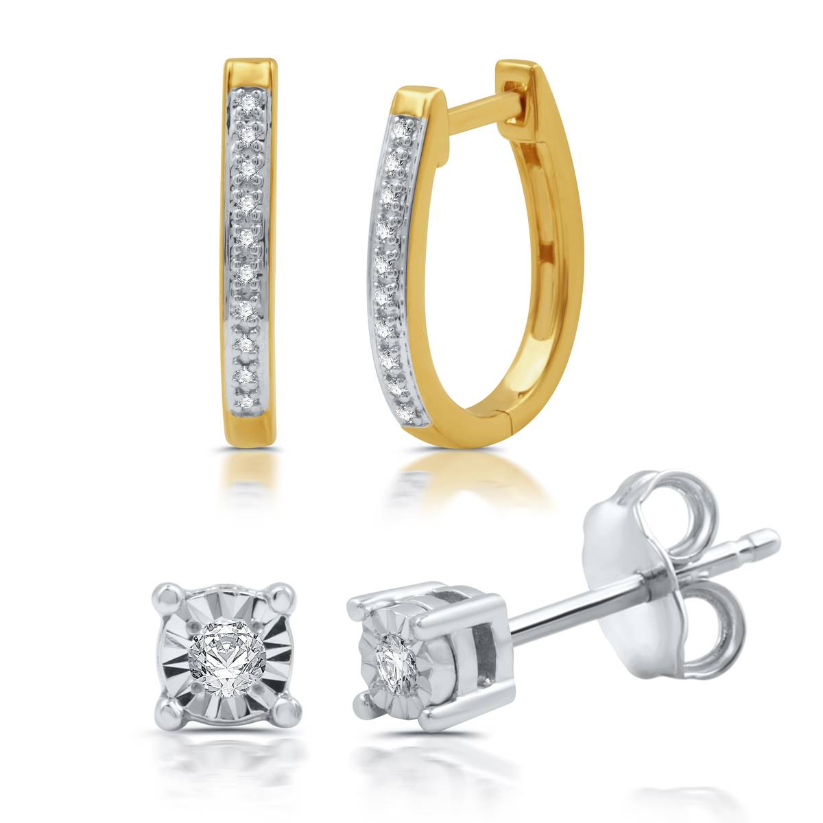 Diamond Classics(tm) Two Tone 1/10ctw. Hoop & Stud Earrings Set