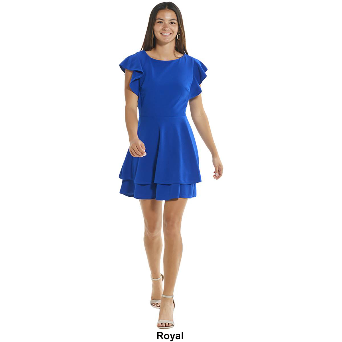 Juniors Crystal Doll Flutter Sleeve Double Tier Skater Dress