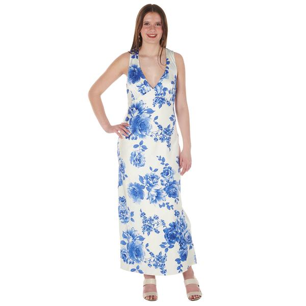 Juniors Crystal Doll Floral Satin V-Neck Maxi Dress