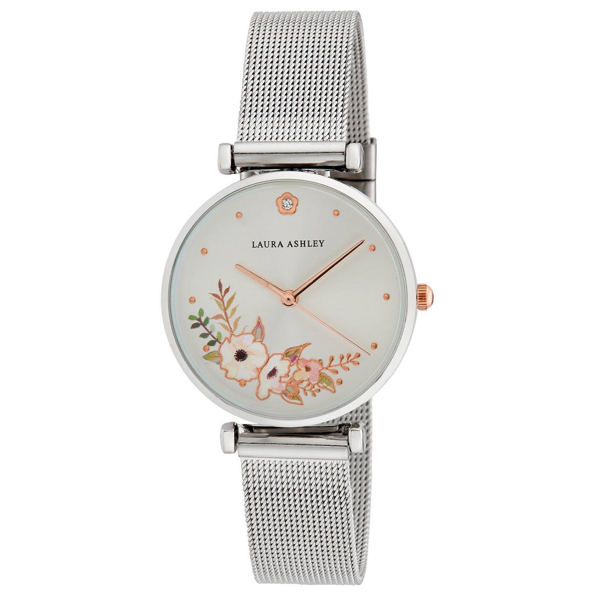 Womens Laura Ashley(R) Silver Floral Mesh Strap Watch - LA2071SS