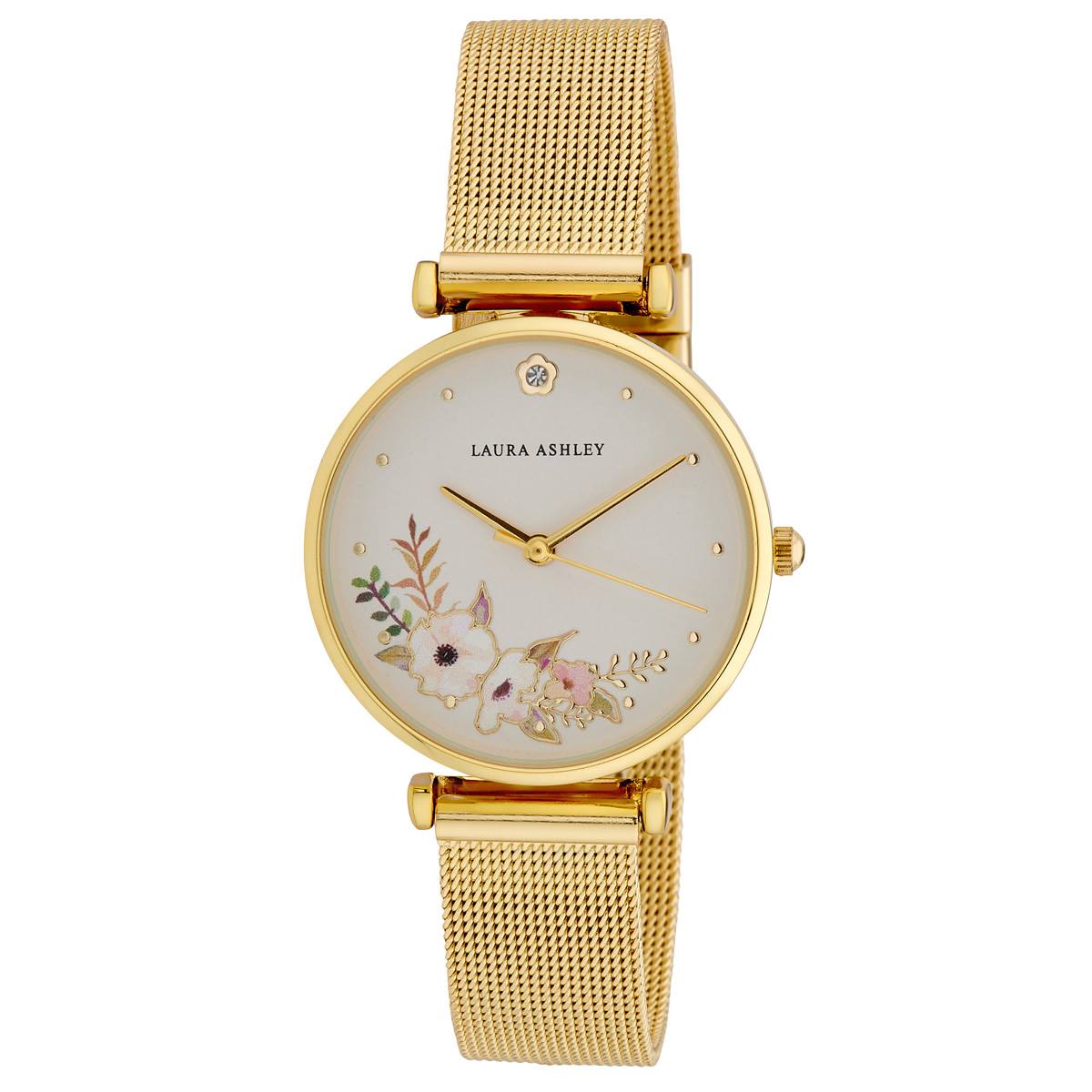 Womens Laura Ashley(R) Gold Floral Mesh Strap Watch - LA2071YG