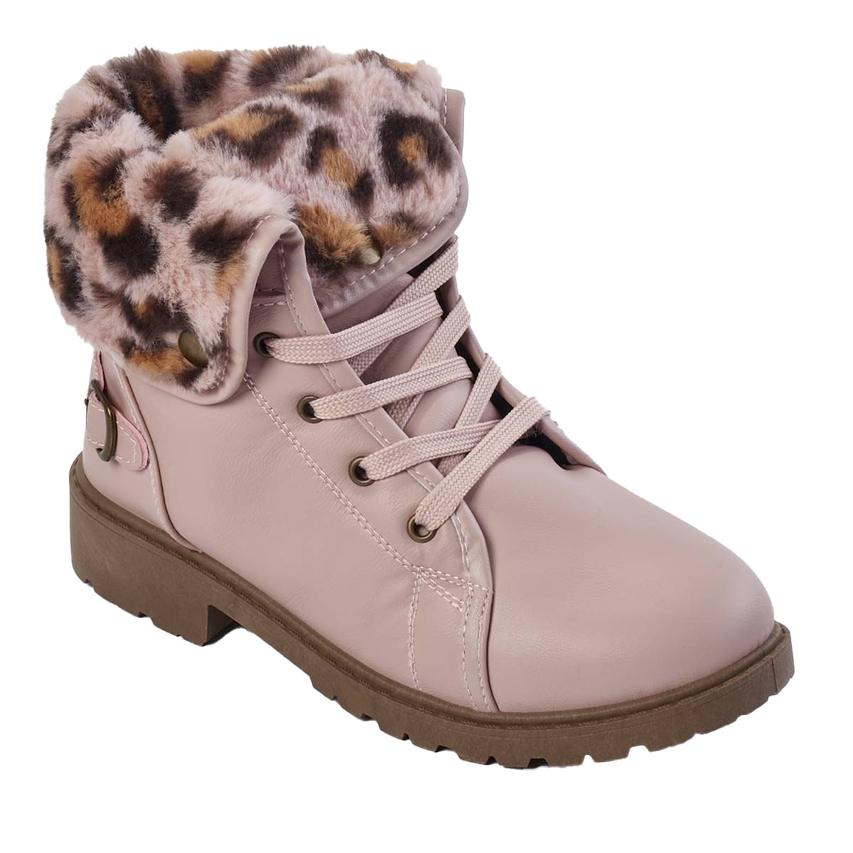 Big Girls Olivia Miller Combat Boots W/Leopard Fur Collars-Blush