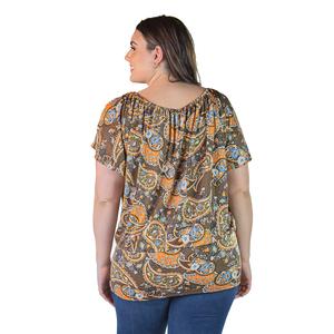 Plus Size 24/7 Comfort Apparel Brown Paisley SplitShoulder Blouse alternate view