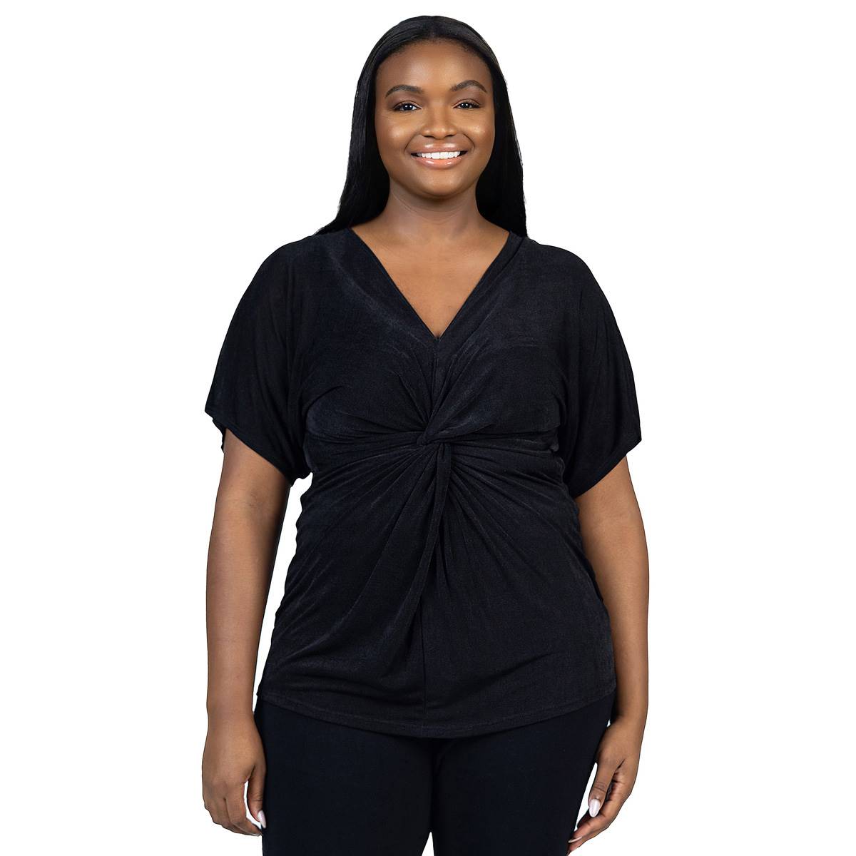 Plus Size 24/7 Comfort Apparel Knot Front V-Neck Blouse